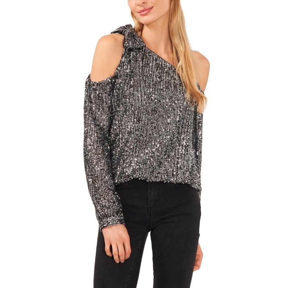 Cece Blouse Womens Plus 2X Charcoal One Shoulder Sequin Long Sleeve Top Festival